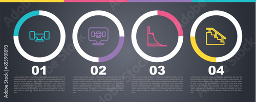Set line Skateboard wheel, , park and stairs with rail. Business infographic template. Vector