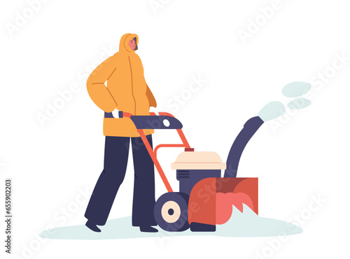 Focused Woman Efficiently Clears Snow From A Wintry Street Using A Powerful Snow Blower, Cartoon Vector Illustration
