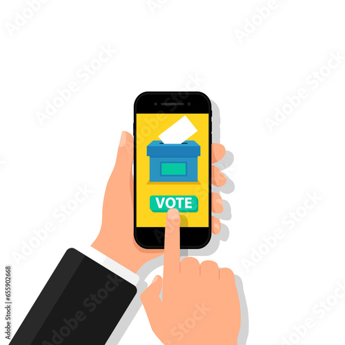 Hand holding phone with voting app. Man votes online by pressing a button on screen mobile. Government election in electronic application concept. vector..