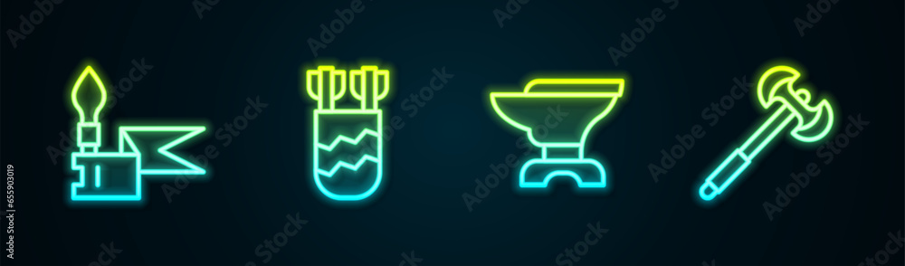 Set line Medieval spear, Quiver with arrows, Anvil for blacksmithing and poleaxe. Glowing neon icon. Vector Set line Medieval spear, Quiver with arrows, Anvil for blacksmithing and poleaxe. Glowing neon icon. Vector