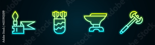 Set line Medieval spear, Quiver with arrows, Anvil for blacksmithing and poleaxe. Glowing neon icon. Vector