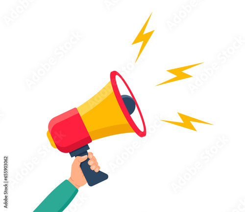 Hand holding loudspeaker on white background. Advertising speaker from megaphone. Man hold bullhorn. Concept of attracting attention, shouting people. vector illustration..