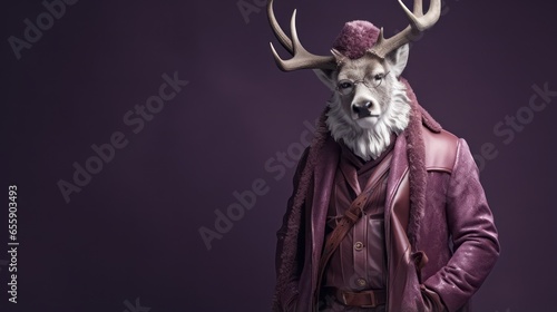 Humorous portrait of a person with reindeer head and antlers wearing winter coat. Hipster man with white beard mask. Minimal concept of Christmas and New Year, season jokes and fun. Studio shot, copy 