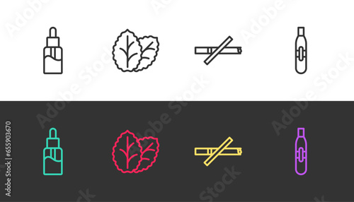Set line Vape liquid bottle, Tobacco leaf, No smoking and Electronic cigarette on black and white. Vector