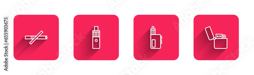 Set line No smoking, Vape mod device, and Lighter with long shadow. Red square button. Vector