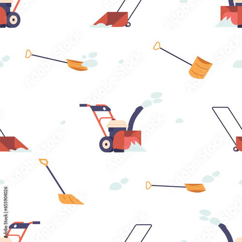 Seamless Pattern Featuring Snow Removal Items Like Snowplows, Shovels, And Salt Spreaders Cartoon Vector Illustration