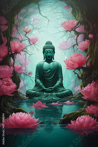 buddha with beautiful blossoms in the water