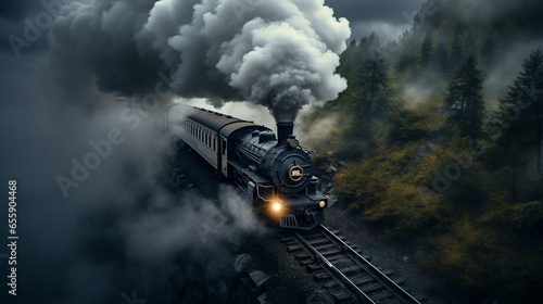 Vecchia locomotiva che esce dalla nebbia. Ai generated. photo