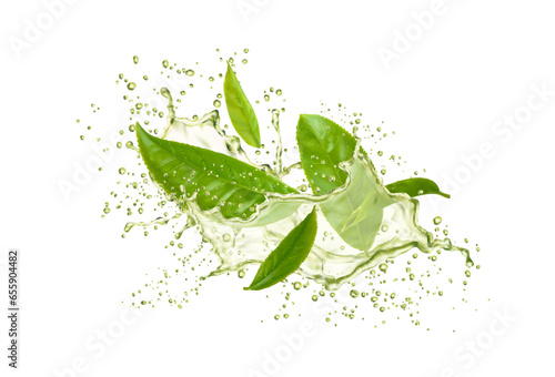 Green tea drink with leaves and splash drops for drink beverage, realistic vector. Green tea leaf in water swirl or long flow and splash spill for soda drink or fresh sparkling lemonade in pour drops
