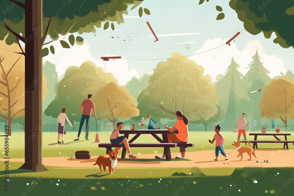 People on a picnic in the park. Vector illustration in flat style - obrazy, fototapety, plakaty 