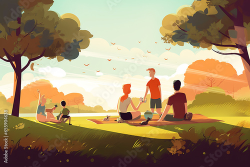 People on a picnic in the park. Vector illustration in flat style