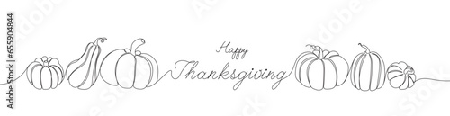 Outlines autumn pumpkins set with hand drawn lettering happy Thanksgiving. Hand drawn black and white line art doodle. Pumpkins line art for Thanksgiving day.