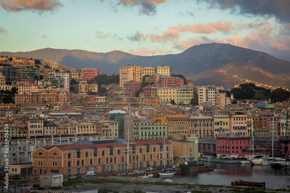 View of the city of Genoa from the open deck of a cruise ship