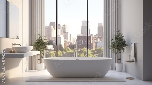 Bathtub, luxurious bathroom, beautiful view outside. © panu101