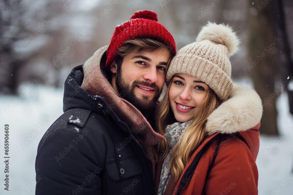 Obraz premium Generative AI image of happy cute beautiful hugging couple walking in winter park snowy frosty cold day