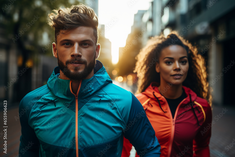 Generative AI picture of happy young people running jogging enjoying active lifestyle fitness concept