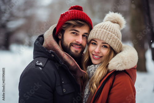 Generative AI image of happy cute beautiful hugging couple walking in winter park snowy frosty cold day © Tetiana