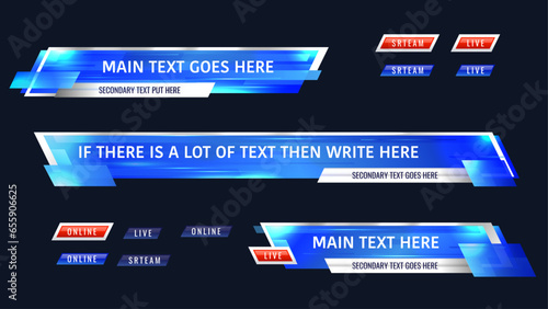 Lower third header, headline and news bar, TV show banners. Online media live show lower third banner, breaking news text vector bar or television broadcast screen tag. TV channel info overlay strip