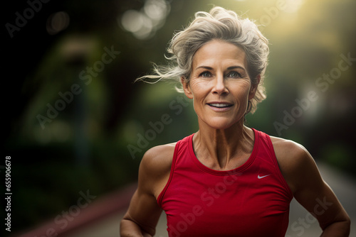 Portrait of an elderly active woman during jogging workout in the morning park generative AI concept