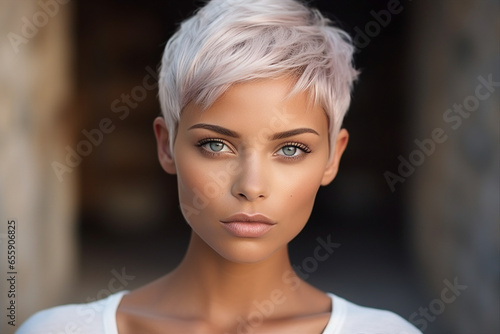 Generative AI picture of stunning lady with short stylish haircut dyed hair walking in a tropical country