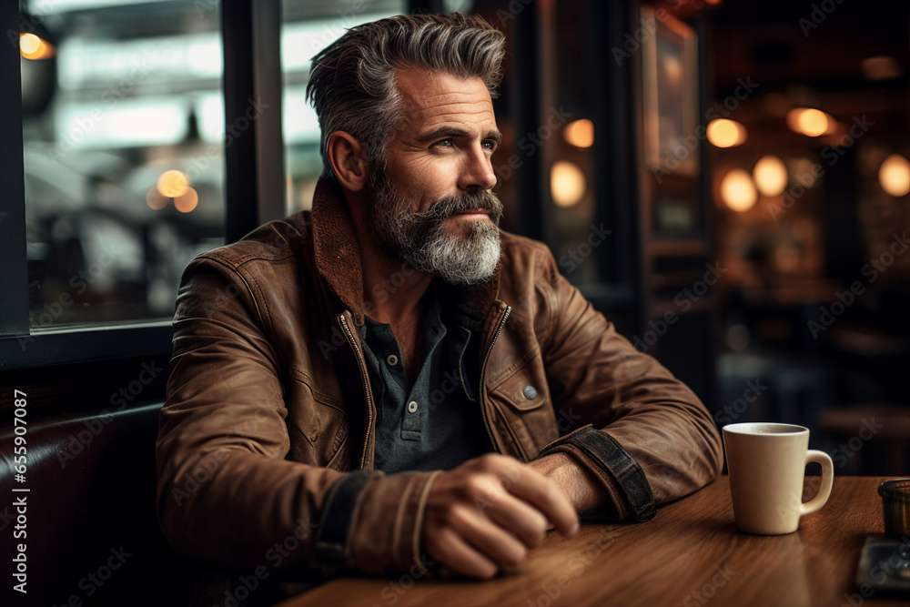 Handsome bearded man sitting table in trendy cafeteria cafe drinking hot fresh coffee Generative AI technology Handsome bearded man sitting table in trendy cafeteria cafe drinking hot fresh coffee Generative AI technology