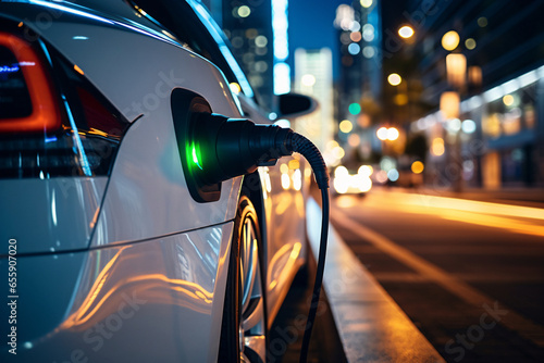Electric car charging at night