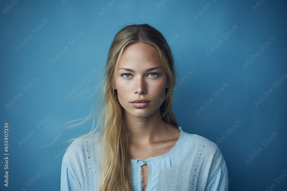 Generative Ai portrait of young woman natural beauty wear winter season clothes isolated on blue color background - obrazy, fototapety, plakaty 