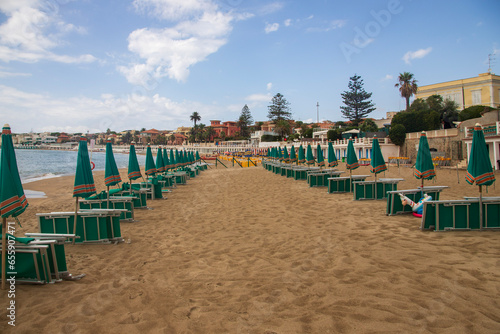 Beach chairs and umbrellas in Santa Marinella, Italy
