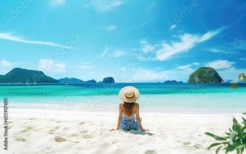 Beautiful Asian woman in a bikini sits on the white beach of the tropical sea.