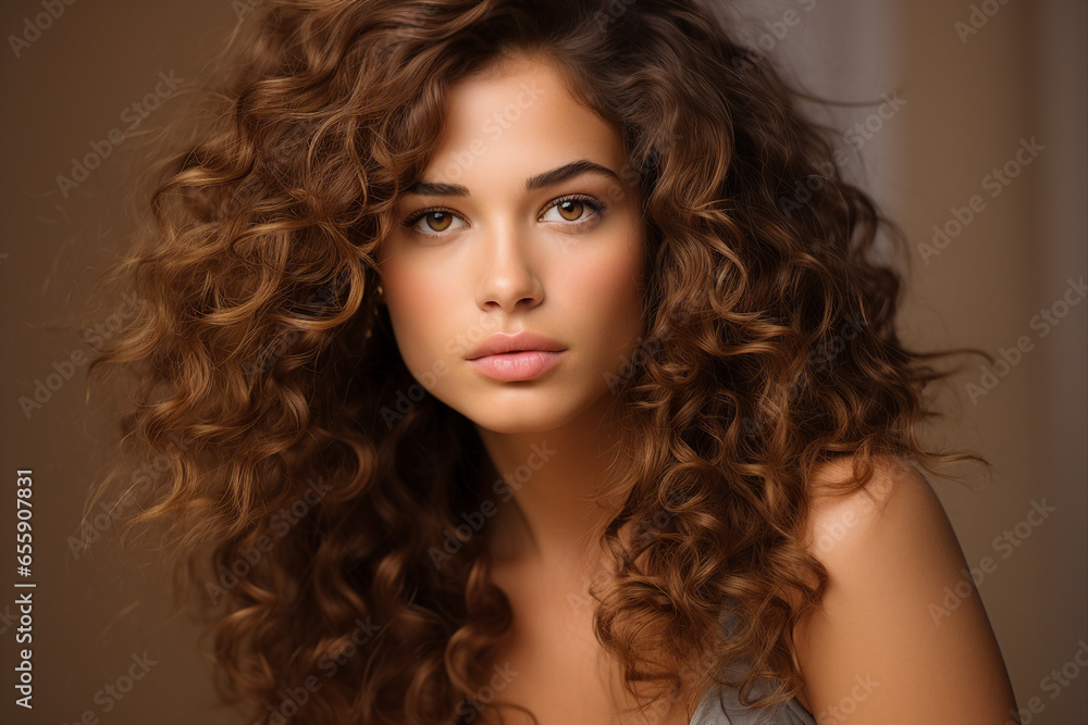 Generative AI picture of Young beautiful girl model demonstrating perfect styling curly hair Generative AI picture of Young beautiful girl model demonstrating perfect styling curly hair