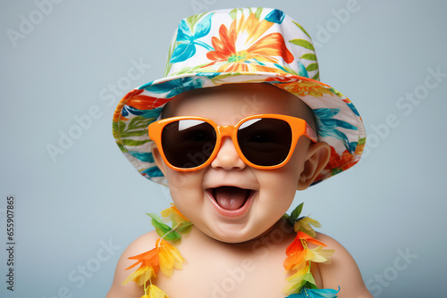 Photography of adorable beautiful positive baby wearing colorful stylish panama and summer glasses having fun generative AI