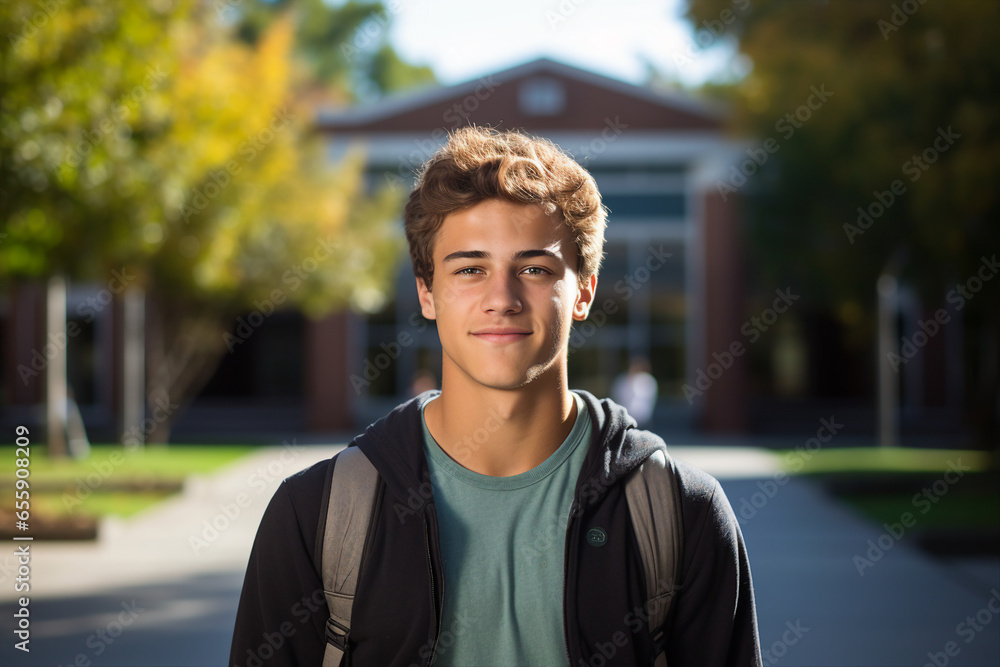 Generative AI photography of happy cheerful male graduate going to school on a sunny september day Generative AI photography of happy cheerful male graduate going to school on a sunny september day