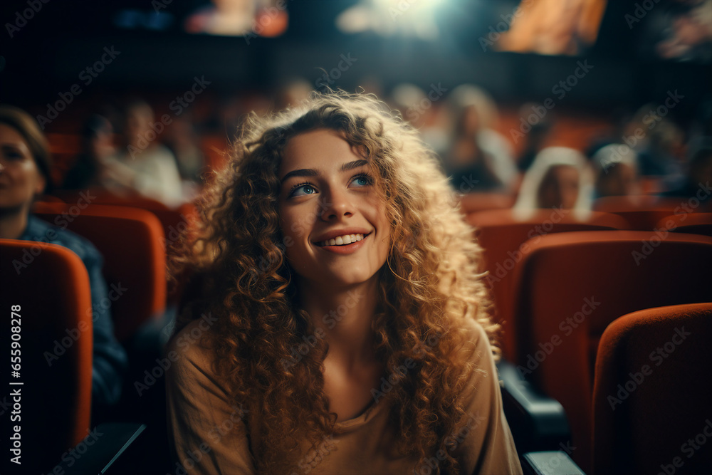 Generative AI technology illustration young student person watching cinema premiere movie have fun