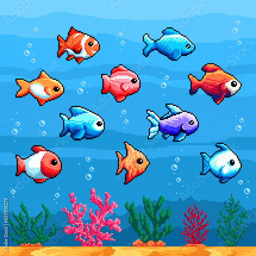 Sea and aquarium tropical pixel fish, 8 bit animals. Retro arcade background, 2d platform console vector scenery or 8bit PC game level design asset. Indie game backdrop with tropical aquarium fishes