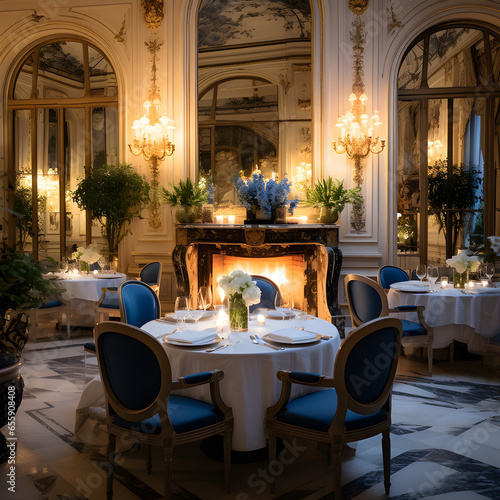 A gastronómic dinner in the heart of Ritz Paris. Generative AI. photo