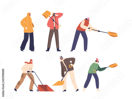 Dedicated Characters Diligently Shovel Driveway, Or House Yard With Shovels And Scoops After A Fresh Snowfall