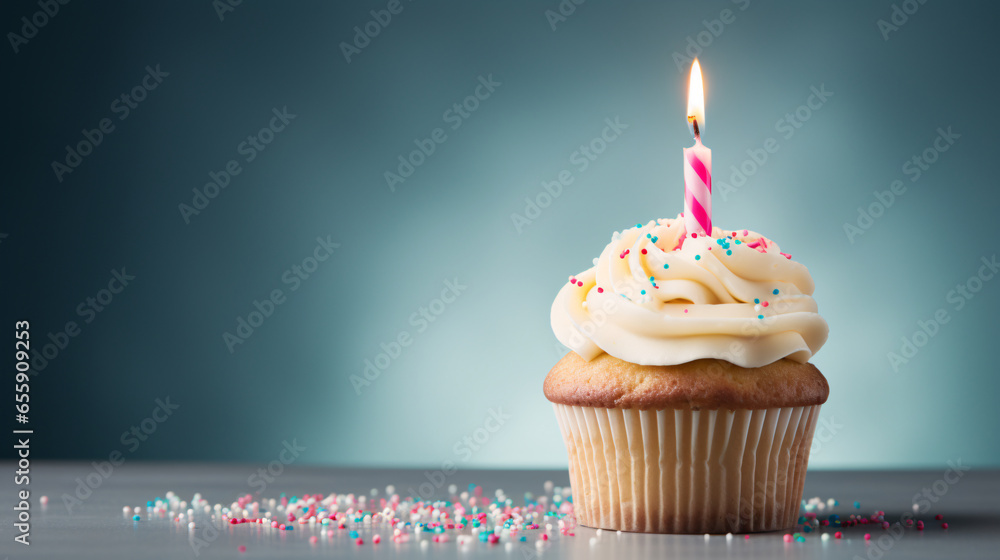 birthday cupcake with candle - obrazy, fototapety, plakaty 