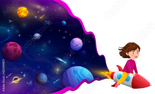 Cartoon kid girl flying on space rocket in galaxy to planets, starry sky vector background. Space exploration and galactic adventure of girl kid on spaceship, planetary education or school astronomy