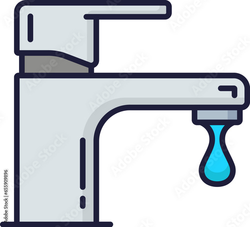 Color plumbing service icon. Toilet, pipe, bathroom problems. Isolated vector linear sign of the leaky faucet with water drop, broken tap need repair and fixing, outline symbol