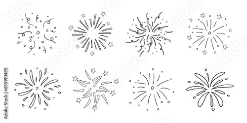 Big set of celebration fireworks, confetti, stars, drops, decorative elements in doodle style. Great for happy birthay party, greeting card, invitation card, flyer, poster, banner