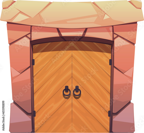 Cartoon medieval castle gate, wooden door, arch entrance of old house dungeon, church, cathedral or temple. Vector ancient building entry with stone doorway frame, brown wood panels, ring pull handles