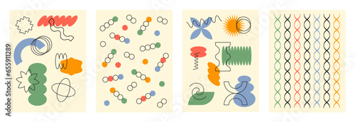 Abstract retro set colorful backgrounds with brutal geometric shapes on a beige background. Trendy vector illustration