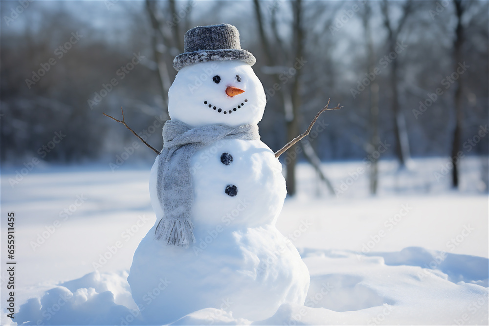 cute snowman on snowy field