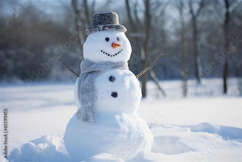 cute snowman on snowy field © Elena