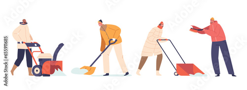 After A Fresh Snowfall, A Dedicated Characters Diligently Shovel Driveway, Or House Yard With Snow Blowers And Shovels