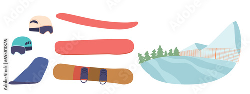 Mountain Snowboarding Items Set. Sturdy Snowboards, Well-fitted Helmets, Crucial For Precision Skiing On Alpine Courses