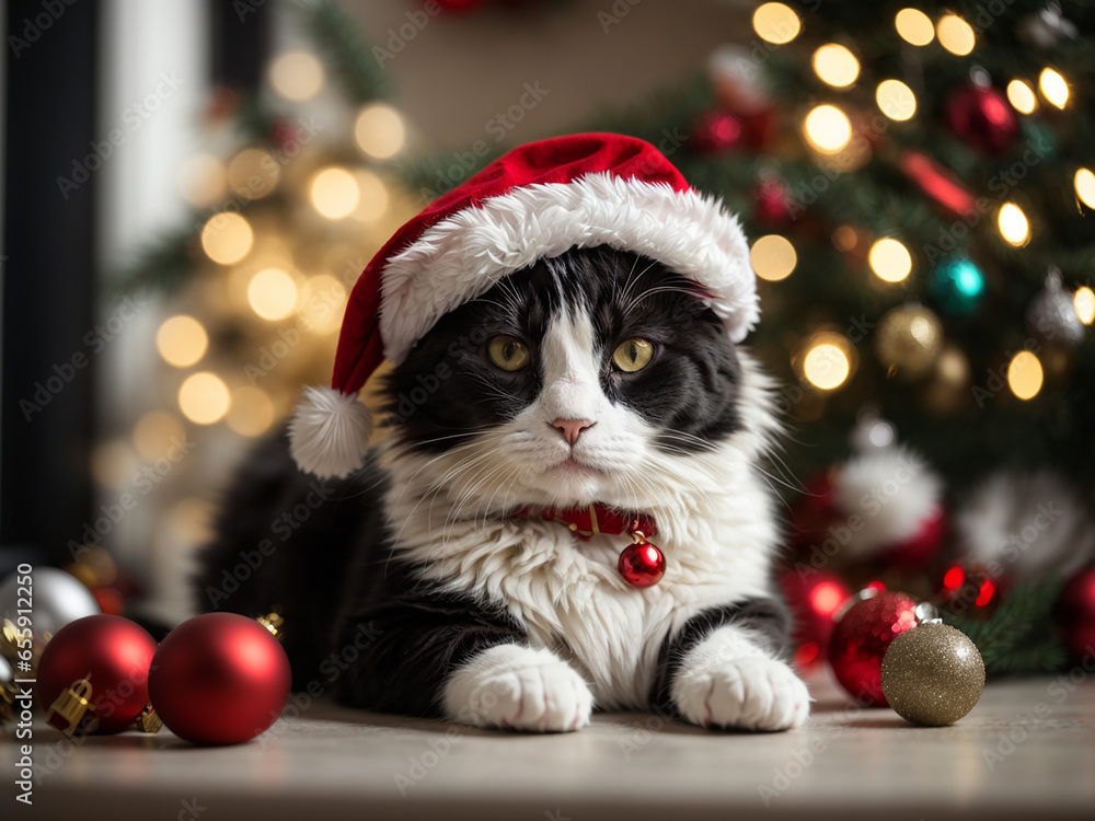 A cat wearing a Christmas hat A cat wearing a Christmas hat