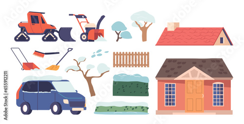 Set of Icons and Elements Snowy Trees, Cottage Roof, Fence and House Yard, Car Covered with Fallen Snow, Heavy Machine