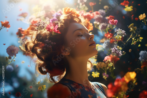 portrait of a young woman with flowers in her hair bathing in sunlight