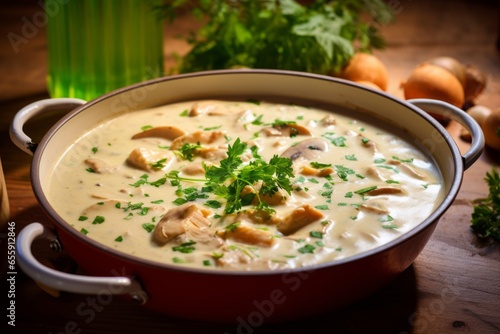 Tempting Delight of a Close-Up Hühnerfrikassee, a Creamy Chicken Stew with Tender Chicken, Potatoes, Carrots, and Peas, Bursting with Flavor and Homemade Creamy